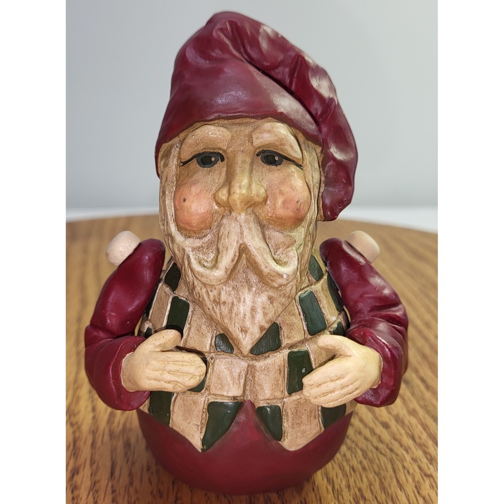 Santa Claus Elf Figurine Rustic Christmas Folk Art Red Green Checkered Vest 4.5"